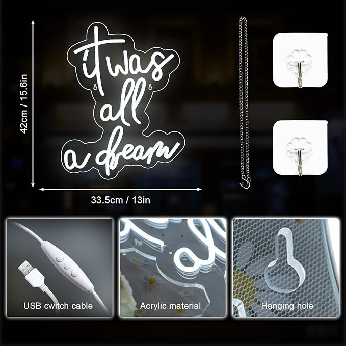 Lucunstar It Was All A Dream Neon Sign White Neon Sign For Room LED signs For Wall Decor LED Light Up Bedroom Club Office Hotel Pub Cafe Dream Neon Lights Wedding Birthday Party Room Decor