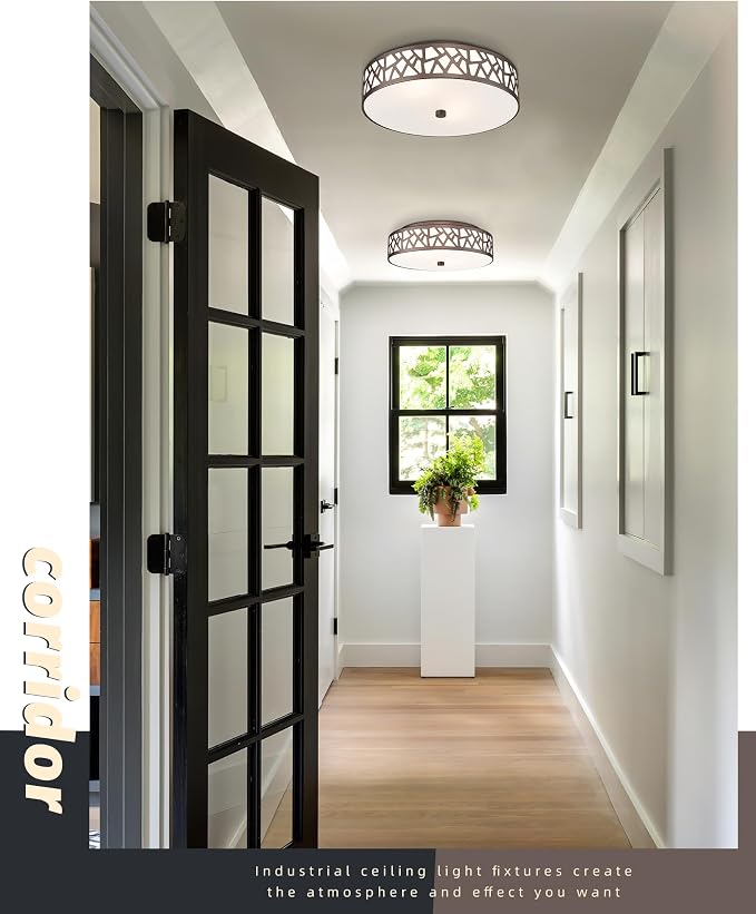 12 Inch Flush Mount Ceiling Light, 2 - Light Vintage Ceiling Lights Fixture with Frosted Glass Shade, Oil Rubbed Bronze Light Fixture for Hallway Corridor Kitchen Bathroom Bedroom Passway