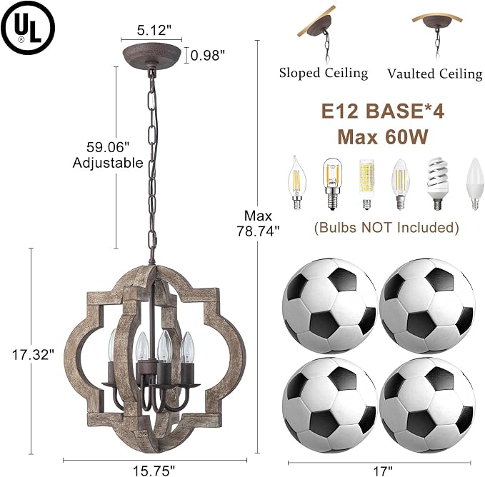 16" Farmhouse Chandelier Orb Distressed Wood Oak Dining Room Light Fixture | Rustic Country Style, Rust-Brown Finish, 4-Light Hanging Pendant Light For Foyer Entryway Kitchen Island Bedroom Over Table