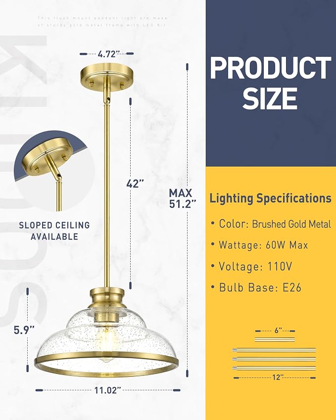 kudos 2-Pack 11" Gold Pendant Light with Seeded Glass Shade, KDPL14-GD-2PK | E26 Bulb Base, Hardwired, Farmhouse Styling, Adjustable Hanging Rods for Flat or Sloped Ceilings, for Kitchen Bars