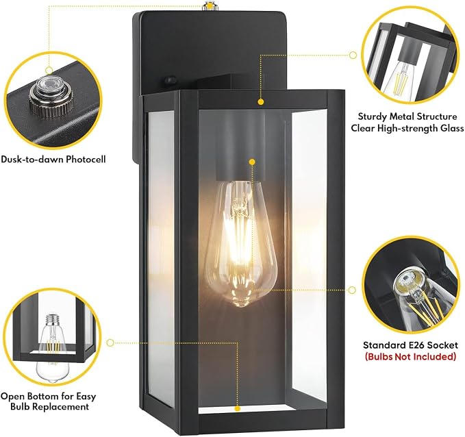 2-Pack Dusk to Dawn Outdoor Wall Lights, Black Exterior Sconces | Auto ON/OFF, Waterproof, Rust-Resistant, Durable Metal with Clear Glass, Standard E26 Socket, Easy to Install