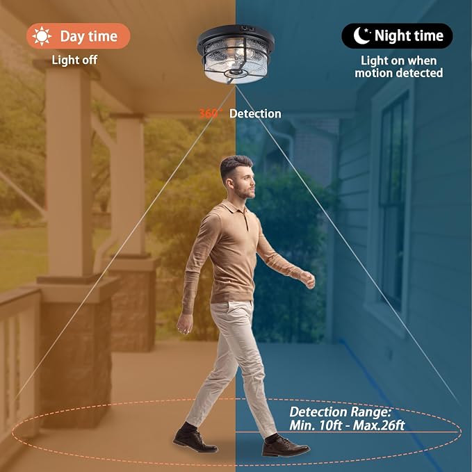 CALOKES Motion Sensor Outdoor Flush Mount Ceiling Light - Sleek Round Exterior with Seeded Clear Glass - Perfect for Front Porch, Garage, Entryway