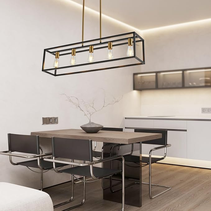 Kitchen Light Fixtures Farmhouse Rectangle Chandeliers Dining Room Light for Dining Rooms, Light Fixture Matte 5-Light Industrial Pendant Lighting