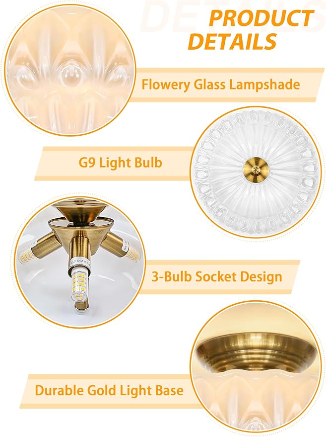 11IN Vintage Semi Flush Mount Ceiling Light,3-Bulb Milk Glass | Gold Hallway Lights Fixture, Close to Ceiling Light for Bathroom, Hallway, Dining Room,Bulb Not Included