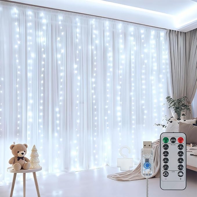 300LED Fairy Curtain Lights 9.8ft x 9.8ft LED Dimmable Twinkle Lights | with Remote and Timer USB Plug in 8 Modes String Lights for Bedroom Indoor Outdoor Party Christmas Decor, White