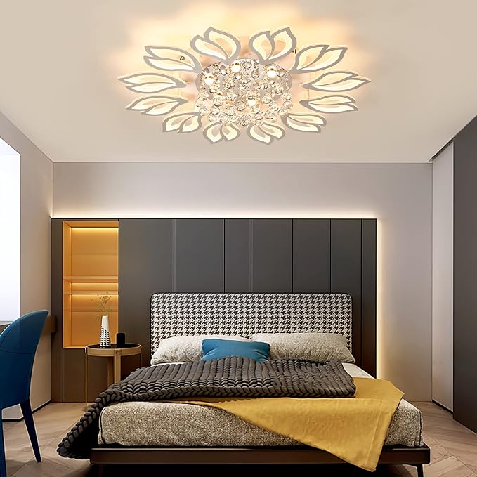 Garwarm 40.7 Inch Modern Crystal Flower LED Ceiling Light with Remote,White | Low-Profile Dimmable Flush Mount Chandelier with Memory for Large Living Room, Bedroom, Dining Room, Kitchen and Office