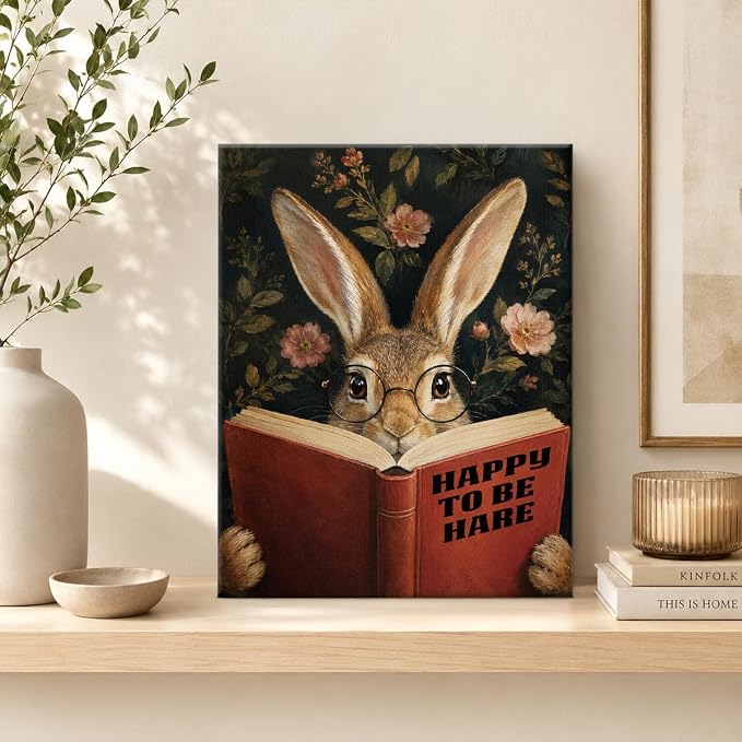 NSFBESSLIA Funny Reading Hare Painting, Whimsical Vintage Animal Decor, Happy To Be Hare, Humorous Wall Art for Living Room Bedroom Entryway, 8x10 Inch