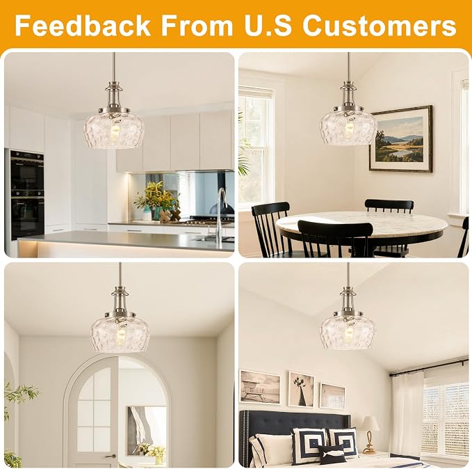 Modern Pendant Lights Kitchen Island, Brushed Nickel Pendant Light Fixtures with 10" Clear Hammered Glass Shade, Industrial Hanging Pendant Lights Fixture for Kitchen Island Dining Room Bedroom Foyer