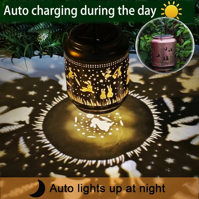 Rabbit Solar Outdoor Waterproof Lantern Garden Decor Birthday Gifts for Women Mon Grandma Metal Hanging Solar Lights Outside LED Bunny Lanterns for Yard Patio Lawn Pathway Landscape (Rabbit)