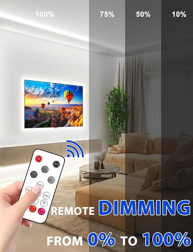 Lamomo COB LED Strip Lights 32.8Ft, White Dimmable Self-Adhesive Led Rope Light with Remote, Flexible Cuttable Waterproof 6000K Silicone Neon Tape Light for Bedroom, Indoor, Cabinet, 10mm Width
