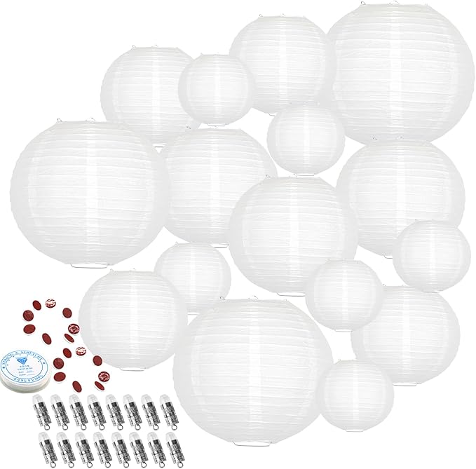 Hanging Paper Lanterns Decorative, White Chinese Paper Lanterns Ceiling Party Decorations with 16 LED Lights for Baby Shower Wedding Anniversarie Graduation Engagement Valentine's Day, Pack of 16