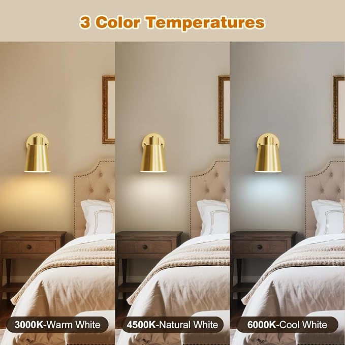 Gold Battery Operated Wall Sconces Set of Two with Remote, Rechargeable Battery Powered Wall Lights, 3 Color Temperature, Dimmable, Modern Wireless Wall Lamps for Bedroom Living Room Hallway