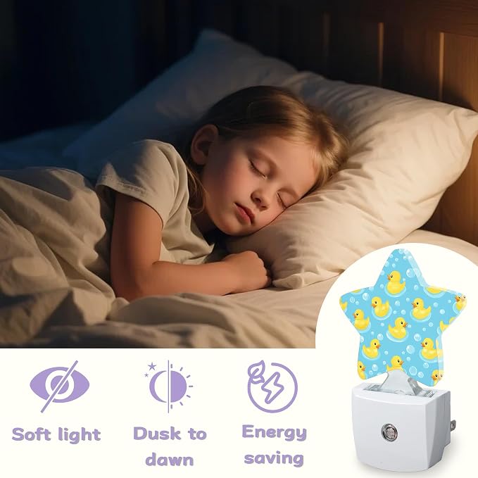 Cute Rubber Ducks Decorative Nightlight Plug in Wall,Bubbles Star Shaped Night Light with Built in Sensor for Home Decor,Kitchen Hallway Stairs Desk Lamp