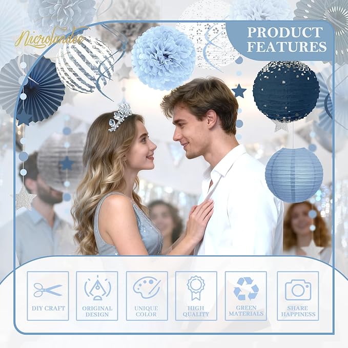 19Pcs Dusty Blue Party Decorations, Hanging Paper Lanterns Fans Tissue Flower Pom Poms Swirls for Wedding, Birthday, Something Blue Bridal Shower Bachelorette Party Baby Shower Decorations