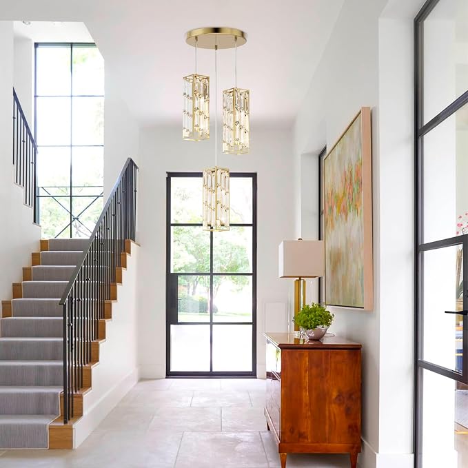 Modern 3-Light Crystal Pendant Light Fixture Kitchen Island, Brass | Mini Crystal Chandeliers, Height Adjustable Cord, Ceiling Hanging Lighting for Kitchen Island Dining Room Bedroom