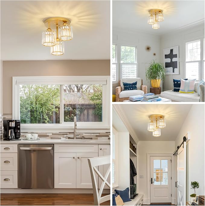 PAUFUL Modern Semi Flush Mount Ceiling Light,3-Light Golden Crystal Close to Ceiling Light Fixtures,Kitchen Light Fixtures with Clear Crystal Shade,Hallway Light Fixtures for Hallway Bedroom Bathroom