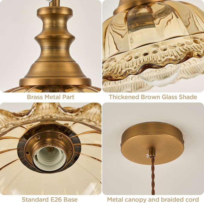 HDDFL Glass Pendant Lights Modern Pendant Lighting Fixtures Hanging Lamp for Kitchen Island Bedroom Dining Room Coffee Shop Hallway Amber and Brass 2 Pack