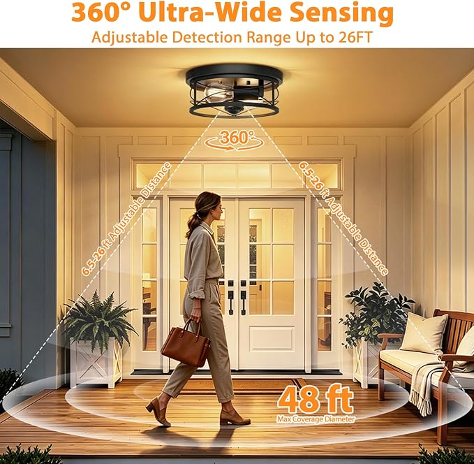 Dusk to Dawn Flush Mount Ceiling Light Fixtures, Motion Sensor for Porch | 2-Light Flush Mount Porch Light, 10in Black Ceiling Mount, Industrial Exterior Light Fixture for Farmhouse Entryway Foyer