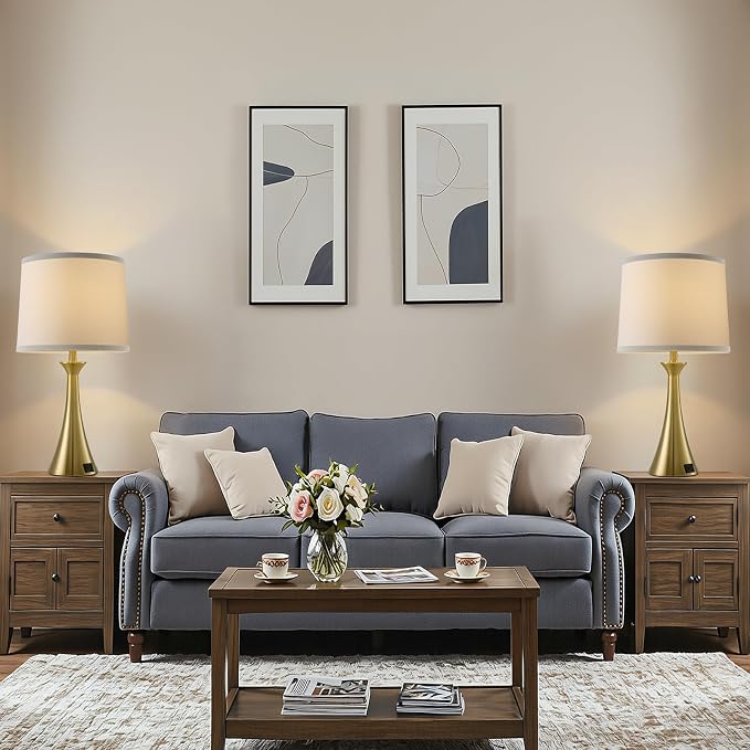 Touch Lamp for Living Room Bedroom, 21" Table Lamps Set of 2 with USB C+A Ports and White Lamp Shades, 3 Way Dimmable Gold Touch Bedside Lamps for Nightstand, 2 LED Bulbs Included