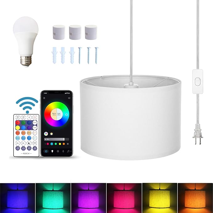 15FT Plug in Pendant Light, Hanging lamp with Switch,White Hanging Lights with Plug in Cord, Pendant Lamp with Remote Control，Pendant Light Fixture for Living Room Bedroom Farmhouse