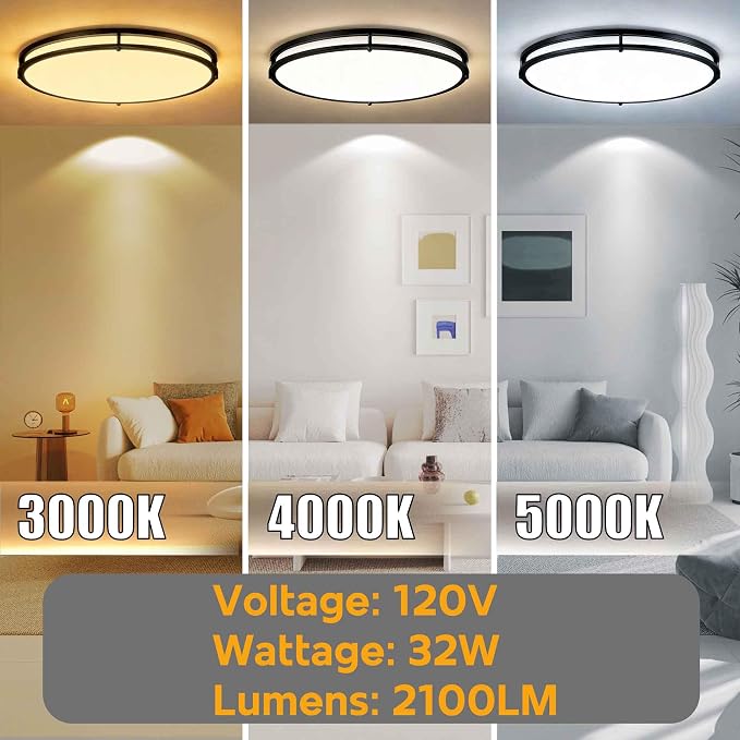 24 Inch Oval Black Ceiling Light Fixture for Living Room - 24” Black Flush Mount LED Ceiling Lights 3000K/4000K/5000K LED Kitchen Bathroom Light Oval Bedroom Lamp, 32W, 2100LM, Steel and Polystyrene