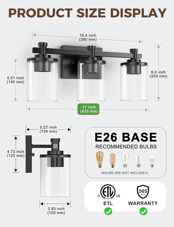 Bathroom Light Fixture, Bathroom Vanity Light Over Mirror, 3-Lights | Vanity Lights for Bathroom, Modern Lighting Fixtures with Clear Glass Shade, Black Vanity Lights, ETL Listed, 17inch