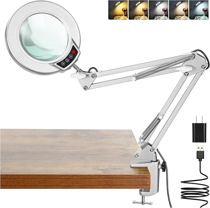Coyeth 10X Magnifying Glass with Light and Clamp, Real Glass Stand Lighted Magnifier, 5 Color Modes Stepless Dimmable LED Desk Lamp Hands Free for Crafts Hobby Reading Painting Close Work - Silver