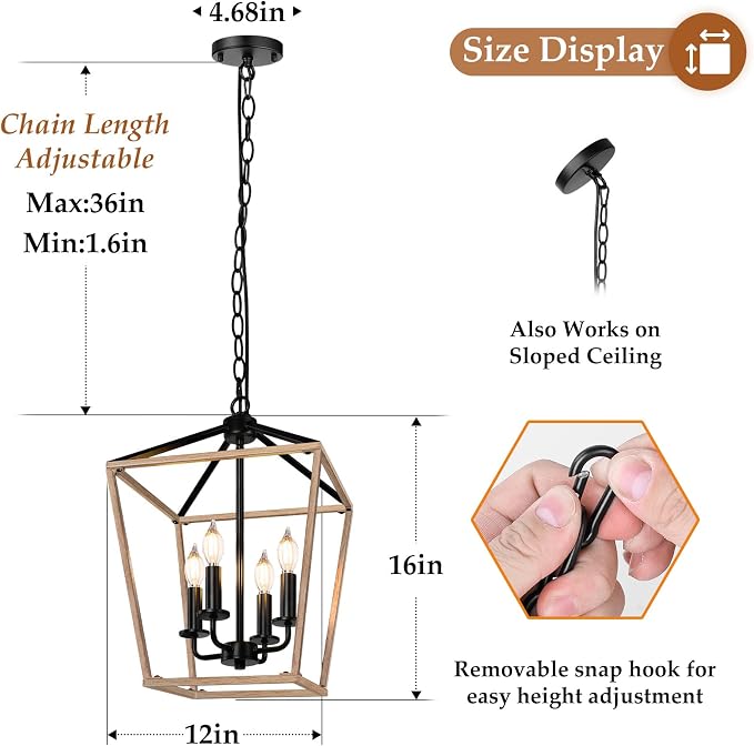 Wood Farmhouse Chandelier, 4-Light Foyer Lighting Fixtures for Dining Room | Industrial Kitchen Lantern chandelier Over Table, Pendant Island Ceiling Light for Entryway, Metal Cage Adjustable Height