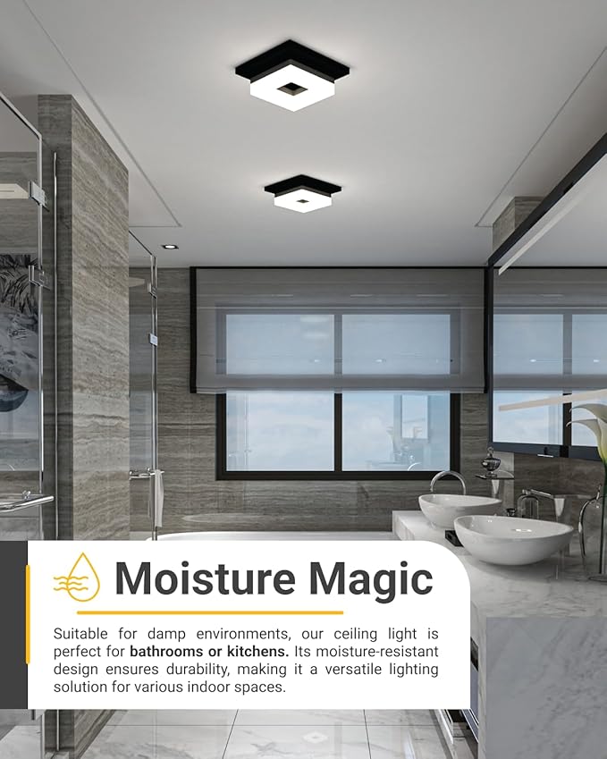 Sunco 8 Inch Square LED Ceiling Light Fixture Flush Mount, Black, High Brightness 1800LM, Selectable CCT 3000K/4000K/4500K/5000K/6500K, Modern Ceiling Light for Bathroom, Kitchen, Hallway, Damp Rated