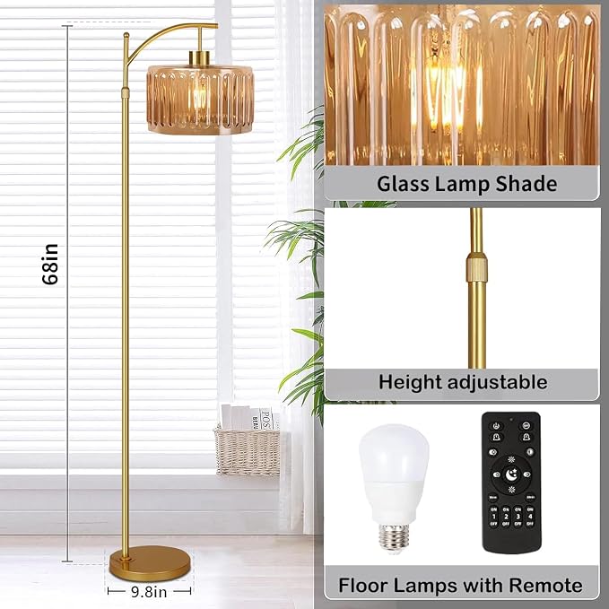 ILLMTW Glass Floor Lamp for Living Room,Bedroom,Gold Mid Century Modern Standing Lamp with Remote,Dimmable Brass Tall Lamp Amber Flower Lamp Vintage Floor Lamps Arc Floor Light Boho Bohemian