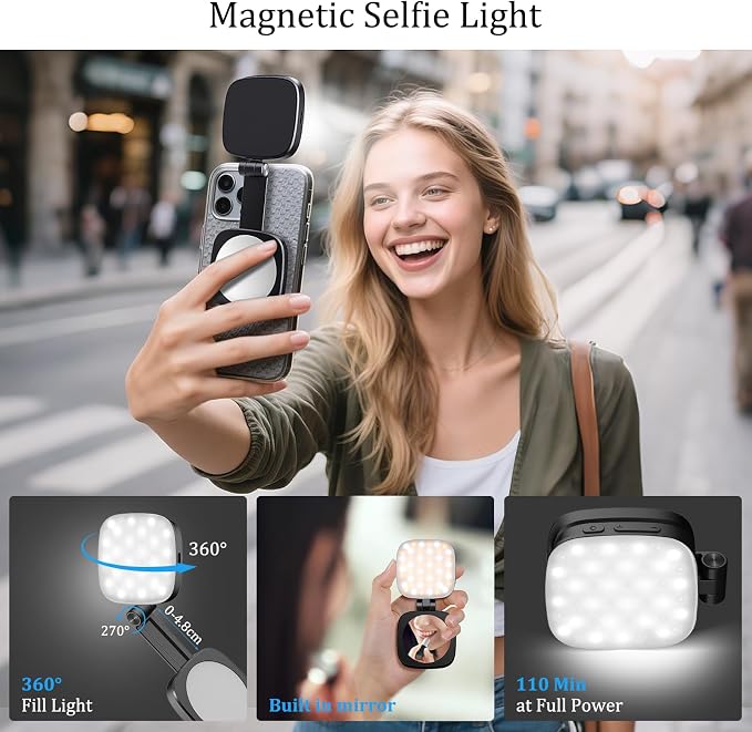 Magnetic Selfie Light Compatible with MagSafe for iPhone – Rechargeable LED Fill Light with Mirror, CRI≥95, 5 Color Temps, Foldable Ring Light