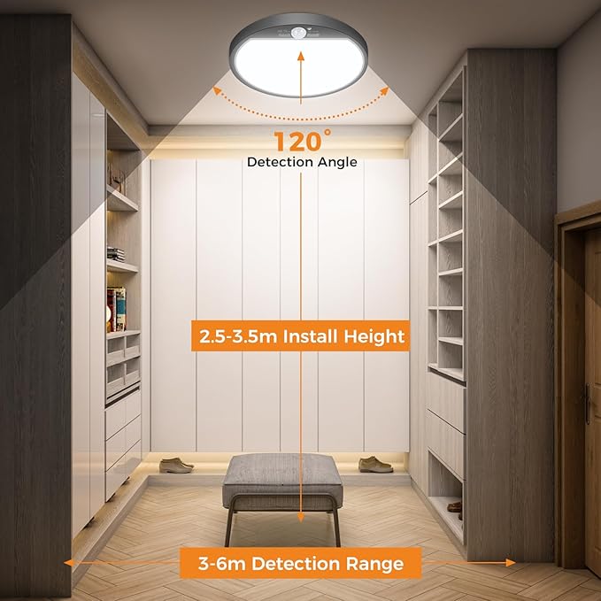 slochi 2Pack Motion Sensor Light Indoor Wired, 8.7 Inch 3000K/4000K/6500K Closet Lights Motion Sensored, 18W 1800LM Flush Mount Ceiling Light for Hallway Pantry Stairwell Porch, Black