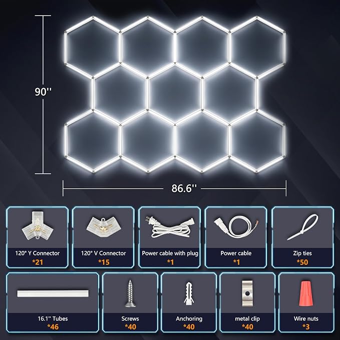 Bevenus Hexagon LED Garage Light, 322W 6500K Super Bright Honeycomb Ceiling Light, Easy Install DIY Hex Light for Workshop Warehouse Gym Auto Detailing Commercial Exhibition Hall (11 Grids)