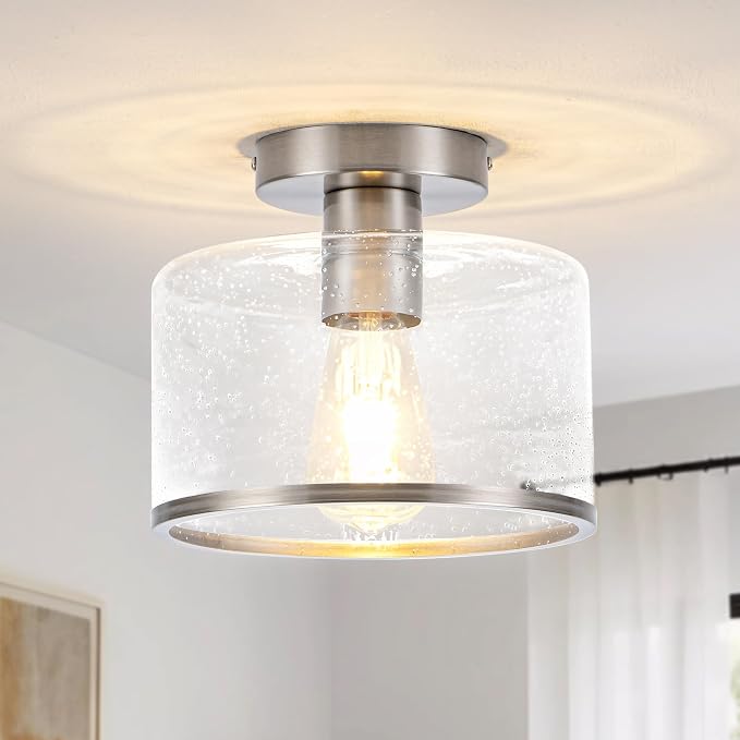 Zlepmlla Modern Flush Mount Ceiling Light, Seeded Glass Ceiling Light Fixture, Nickel Light Fixture for Hallway, Bedroom, Entryway, Kitchen，Living Room