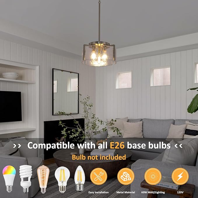 Nickel Chandeliers for Dining Room Light Fixture, 3 Light Entryway Light Fixture, Adjustable Pendant Lights Kitchen Island Modern Farmhouse Kitchen Foyer Chandelier for Entryway, Bedroom, Bathroom