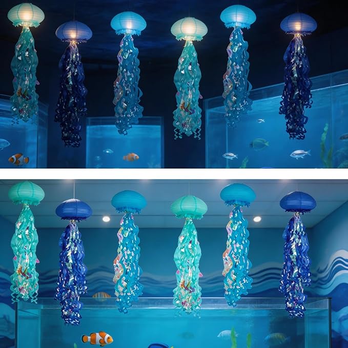 Jellyfish Paper Lanterns with LED Lights Set of 6, Blue Mix Oval Hanging Floating Decorations for Under The Sea Party Mermaid Birthday Ocean Classroom Beach Room Aesthetic