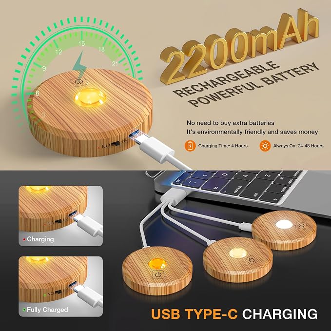 Puck Lights with Remote Control,Under Cabinet Lighting,Wood,5PCS | 2200mAh Rechargeable Push Light,3 Color Temperatures Dimmable Under Cabinet,Closet Light,Tap Light for Shelf,Bookcase