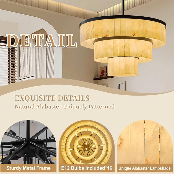 D34.3 Round Alabaster Chandelier, 3-Tier Brass Marble High Ceiling Chandeliers, Modern Dining Room Chandeliers Living Room Light for Entryways, Foyer, Stair, Kitchen Black(Include Bulbs)