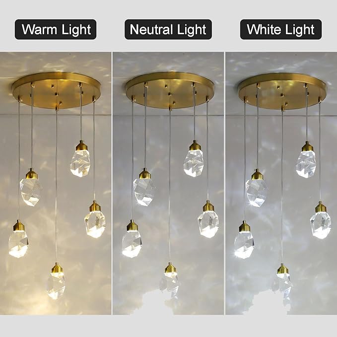 Modern Crystal Pendant Light, 3-Color LED Gold Ceiling Hanging Lamp, for Kitchen Island Bedroom Living Room Dining Room Lighting (5-Head Round Base)