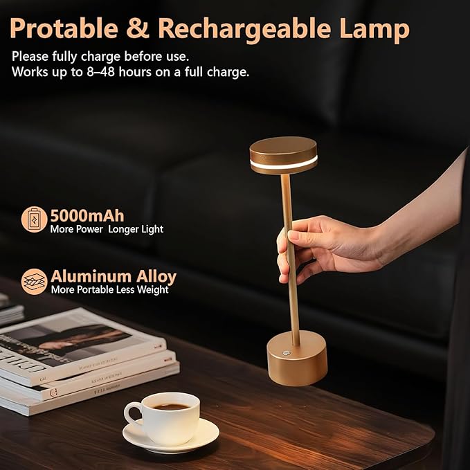 2 Pack Cordless Table Lamp Rechargeable, Touch Desk Lamp - 5000mAh Battery, 3 Color Dimmable Led Light, Small Portable Aluminum Light for Outdoor/Patio/Dining/Tabletop/Bar/Office, Home Decor