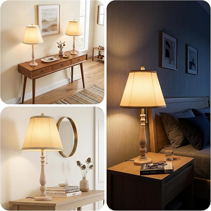 LALISU Farmhouse Table Lamps Rustic Bedroom Lamps for Living Room, 24.41" Boho Bedside Lamp with Chain Switch for Night Stands End Table Office Desk Lamp Nightstand with Linen Shades (Washed White)