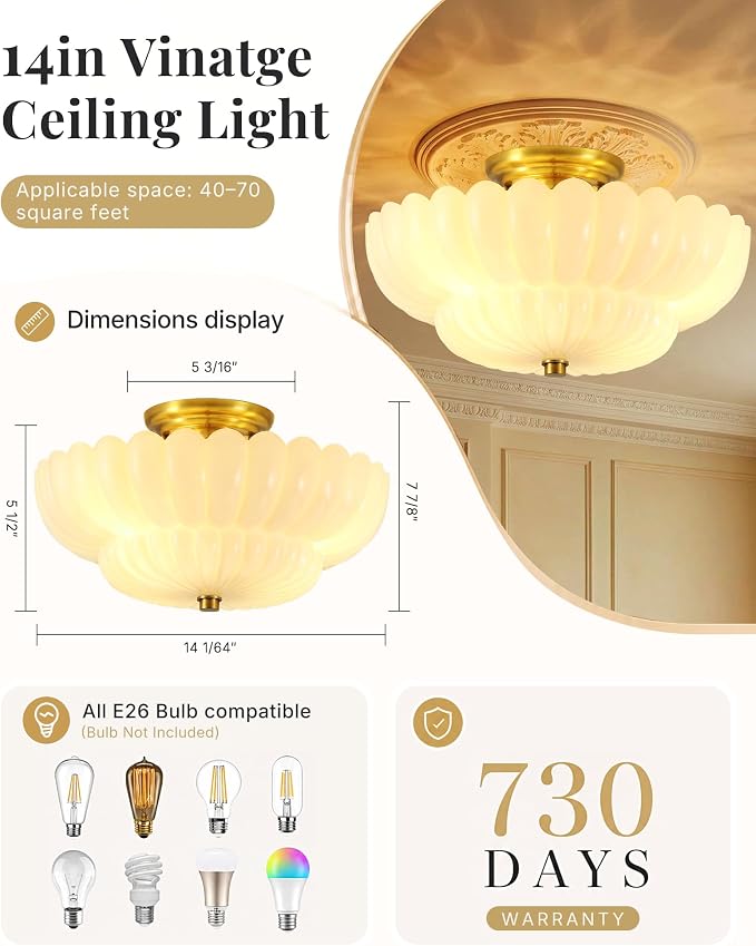 Semi Flush Mount Ceiling Light Fixture 14" Vinatge Gold Ceiling Lights Mid Century Modern Milk White Glass Close to Ceiling Lighting Fixtures for Bedroom Hallway Kitchen Laundry Room Bathroom