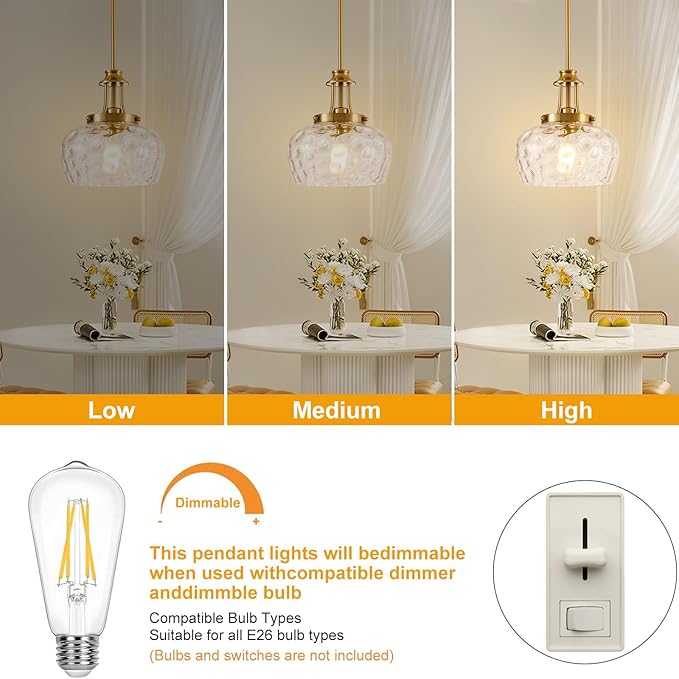Modern Pendant Lights Kitchen Island, Brushed Gold Pendant Light Fixtures with 10" Clear Hammered Glass Shade, Industrial Hanging Pendant Lights Fixture for Kitchen Island Dining Room Bedroom Entryway