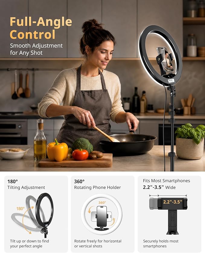 UBeesize 12" Ring Light with 62" Tripod Stand, Phone Holder & Remote | 3 Color Modes, 10 Brightness Levels, 180° Tilt, 360° Rotation, Cold Shoe, 1/4" Mount, Fits 2.2–3.5 in phones