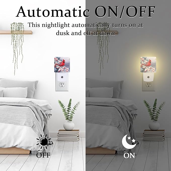 Winter Red Cardinal Bird Night Light for Kids,Christmas Pine Tree Snow Cardinal Night Light Plug in with Dusk to Dawn Sensor,0.5w Energy Saving Nightlight for Hallway Stairway Kitchen Bedroom