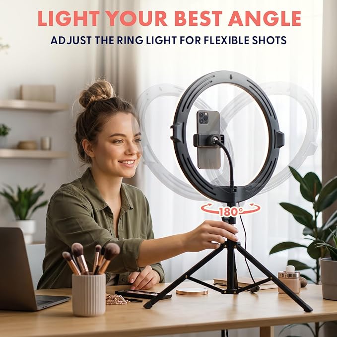 11’’ LED 12W Selfie Ring Light with Wired Control, 3 Color Modes, 10 Brightness Levels, Tripod Stand with 6 Sections, Phone Holder, Adjustable Brightness Levels for Influencers, YouTube, TikTok