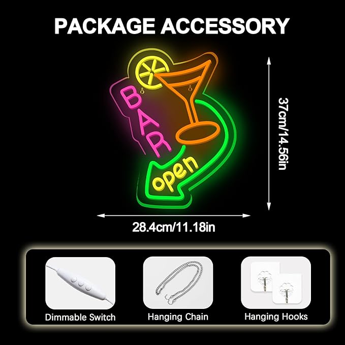 NOSUN Bar Open Neon Sign Dimmable LED Cocktail Neon Lights Signs for Wall Decor Neon Open Sign Open Light Bar Sign for Business Pub Store Man Cave Party Club Restaurant Decor
