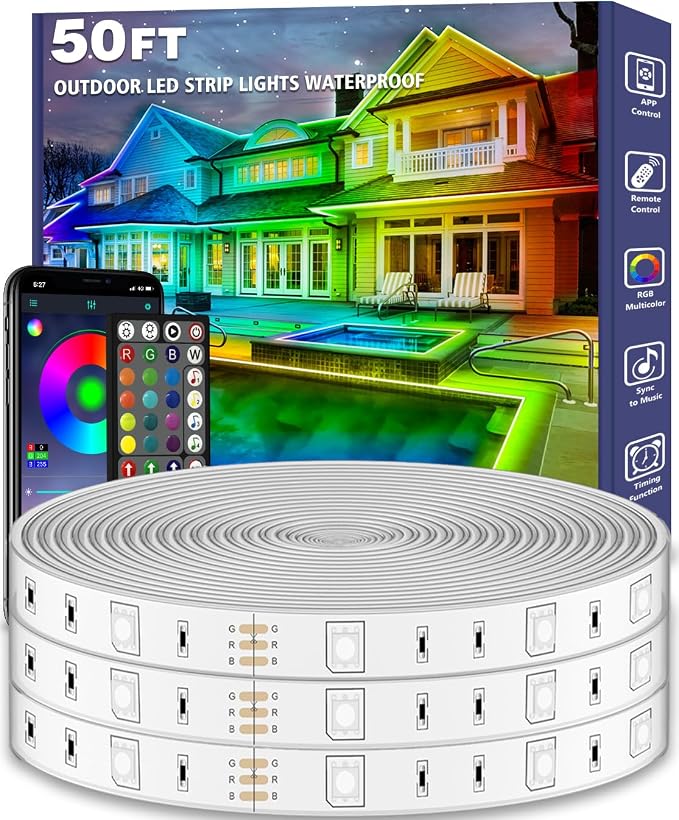 AILBTON 60ft Outdoor LED Strip Lights Waterproof,IP68 Outside Led Light Strips Waterproof with Bluetooth App Remote Control,Music Sync RGB Exterior Led Rope Lights,for Balcony,Deck,Roof,Garden,Pool