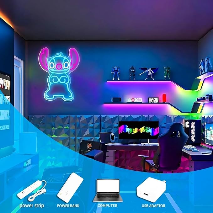 For Stitch LED Neon Wall Light Sign, Blue and Pink, Dimmable, 16.14x12.5 Inch, USB Powered, Room Decor for Girls Bedroom, Christmas Birthday Gift