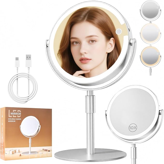 FRANO Makeup Mirror with Lights, Lightweight 8" Double-Sided Magnifying Vanity Mirror 1X/10X, Rechargeable, Adjustable Brightness with 3 Colors, Gift for Mom,Women, Wife, Girls, Dorm Room Essential